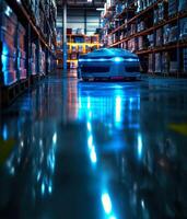 A robotic delivery unit with advanced neural networks moves efficiently through a dimly lit warehouse at night photo