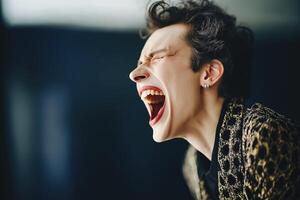 Portrait of a gender fluid drag queen laughing joyfully against a vibrant red background in a playful display of expression photo
