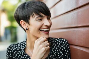 Portrait of a joyful drag queen laughing against a vibrant red background, celebrating gender fluidity and self-expression photo