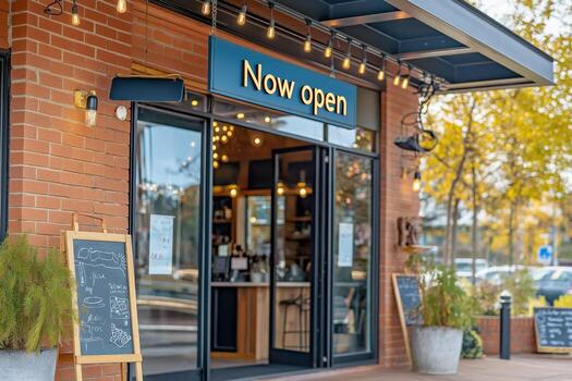 Newly opened cafe invites visitors with bright signage against a charming brick backdrop photo