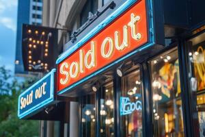 Brightly lit neon Sold Out sign outside a trendy retail store in an urban area during twilight photo