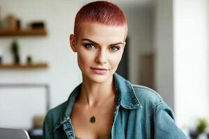 Portrait of a smiling specialist with short pink hair in a modern office setting photo