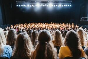 Worship concert gathering where a diverse group of people sings praise and prays together in a church setting photo