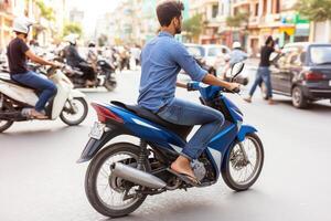 Cuban street life captured with faded colors showcasing a young man on a motorbike amidst bustling traffic photo