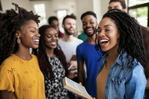 Christian group joyfully engaging in Bible study and prayer in a warm, welcoming home atmosphere photo