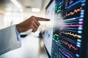 Robotic arm analyzes stock market data for intelligent trading decisions using advanced automation technology photo