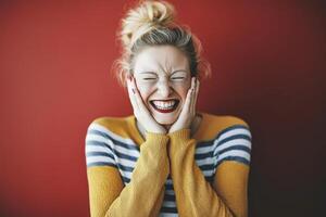 Laughing drag queen exudes joy against vibrant red backdrop in playful portrait photo
