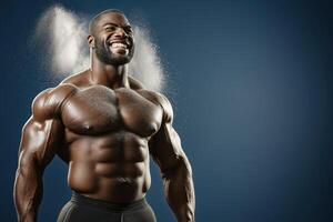 Muscular gym man celebrating fitness achievement with triumphant expression on blue background photo