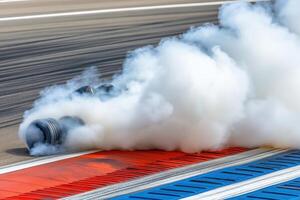 Race drift action capturing a thrilling car drifting battle with intense smoke on speed track photo