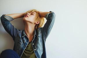 Portrait of a stylish tomboy expressing confidence against a white background with faded colors photo