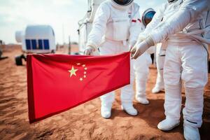 Chinese astronauts place a flag on the surface of Mars during a historic exploration mission photo