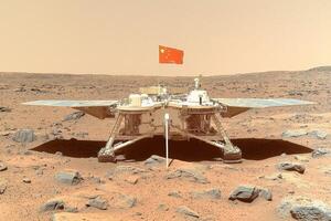 Chinese astronauts plant a flag on the surface of Mars while exploring the red planet's terrain photo