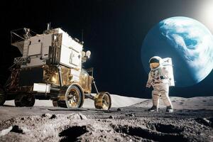 Astronaut walks on the lunar surface with Earth visible in the background under a bright sun photo