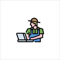 A man in overalls working on a laptop vector