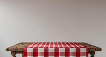 Rustic Wooden Table with Red and White Checkered Tablecloth Vintage Style photo