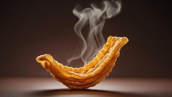 Golden Crispy Fried Snack in Elegant Wave Shape on Dark Background with Steam Rising Effect photo