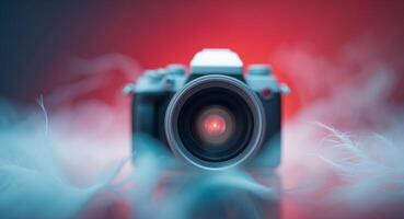 Blurry image of a camera lens with a red and blue background photo