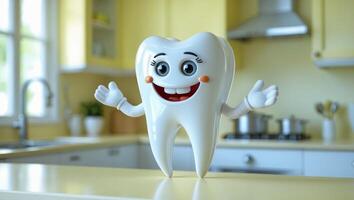 Cheerful tooth mascot brings joy to dental care with a shining smile and playful demeanor in a bright kitchen setting photo
