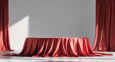 Red Satin Table Cloth Background Luxury Silk Fabric Draped Display for Award Ceremony Stage Presentation photo