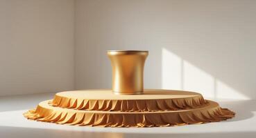 Gold Podium Background Circular Platform Rich Satin Fabric Luxury Presentation Stage photo