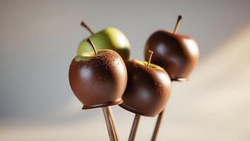 A close up of three chocolate covered apples on a stick photo