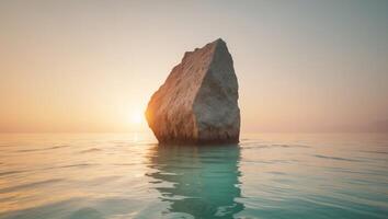 A rock in the middle of a body of water with the sun setting behind it. photo