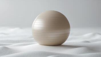 A single beige exercise ball rests on a white surface. photo