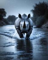 running rhino during midnight in a river with a low Angle photo