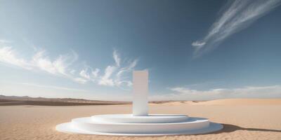 White podium in the desert on a background of blue sky with clouds photo
