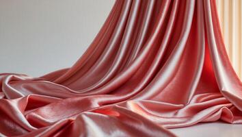 Elegant red satin draped fabric with rich textures creating a luxurious backdrop for theater or event presentations photo
