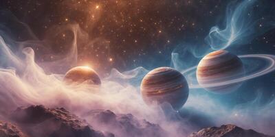 Cosmic Landscape of Three Vibrant Planets in Dynamic Lighting and Starry Background for Deep Space Exploration photo