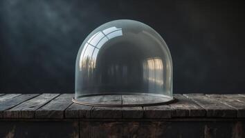Empty glass dome on rustic wooden surface with dark backgroundEmpty glass dome on rustic wooden surface with dark background. photo