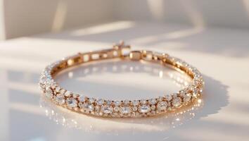 Elegant bracelet with sparkling gems displayed on polished surface in soft natural light photo