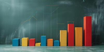 Colorful wooden blocks on chalkboard representing bar graph photo