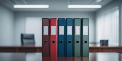 Ring binders standing on an empty desk in a modern office photo
