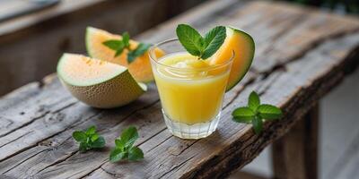 Refreshing cantaloupe juice served with fresh melon slices and mint on a rustic wooden table in a cozy setting photo