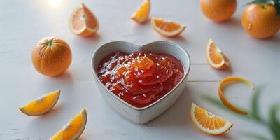 Delicious red orange marmalade in a heart shaped ceramic bowl on a white wooden tabletop with fresh orange slices and empty space for text photo