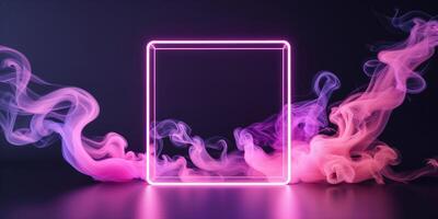 neon light square with colored smoke in pink and purple flowing through the square photo