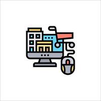 A computer monitor with a mouse and a building in the background vector