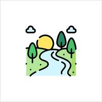 A river and trees in a landscape with the sun in the background vector