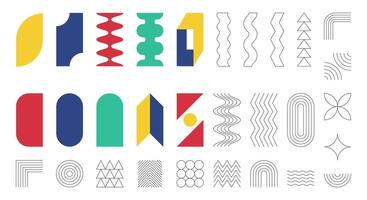 Set of abstract geometric shapes. Brutalism, Swiss minimalism, Bauhaus style. Simple flat and outline design elements. Color illustration isolated on white background, Ediatble strokes vector