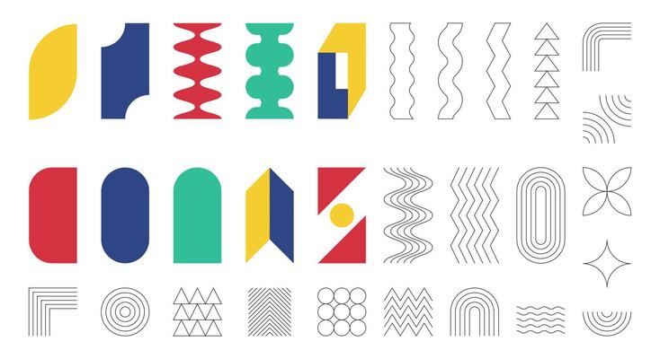 Set of abstract geometric shapes. Brutalism, Swiss minimalism, Bauhaus style. Simple flat and outline design elements. Color illustration isolated on white background, Ediatble strokes