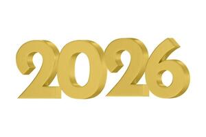 3D numbers 2026 in a gold color. Design object for New Year greeting cards, advertising banners. Metal numbers are bold and sleek, and with sharp edges. 3D element isolated on white vector