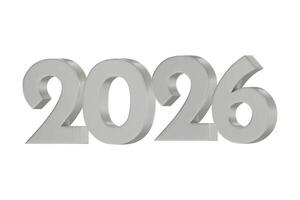 3D numbers 2026 in a silver color. Design object for New Year greeting cards, advertising banners. Metal numbers are bold and sleek, and with sharp edges. 3D element isolated on white vector