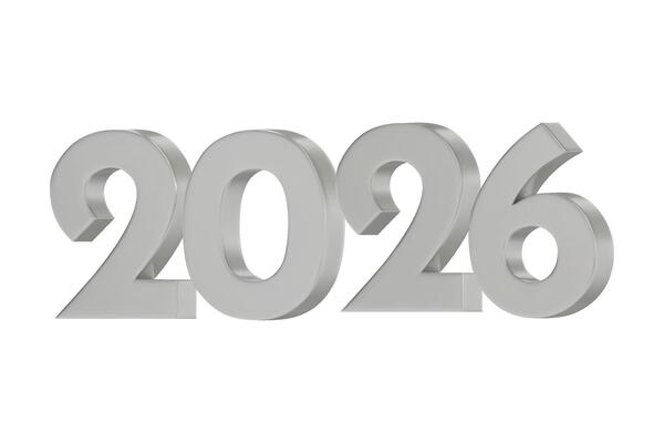 3D numbers 2026 in a silver color. Design object for New Year greeting cards, advertising banners. Metal numbers are bold and sleek, and with sharp edges. 3D element isolated on white