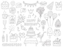 A set of hand-drawn doodle elements for birthday, party, celebration. Outline decorative objects. Black and white illustrations isolated on a white background. Editable strokes. vector