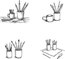 Hand drawn line art pen and pencil illustration set collection for coloring page vector