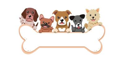 Cartoon cute different breeds of dogs with bone sign for design. vector