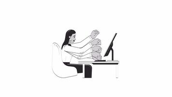 Overwhelmed professional woman multitasking at desk outline 2D character doodle animation. Multiple arms typing computer keyboard linear drawing 4K . Employee animated person isolated on white video