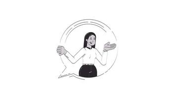 Smiling middle eastern corporate woman in speech bubble outline hand drawn 2D character animation. Gesturing communication doodle drawing 4K . Friendly employee animated person handdrawn isolated video